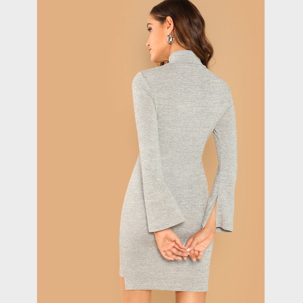 New! Mock Neck Marled Self-Tie Mini Dress Grey - Picture 5 of 6